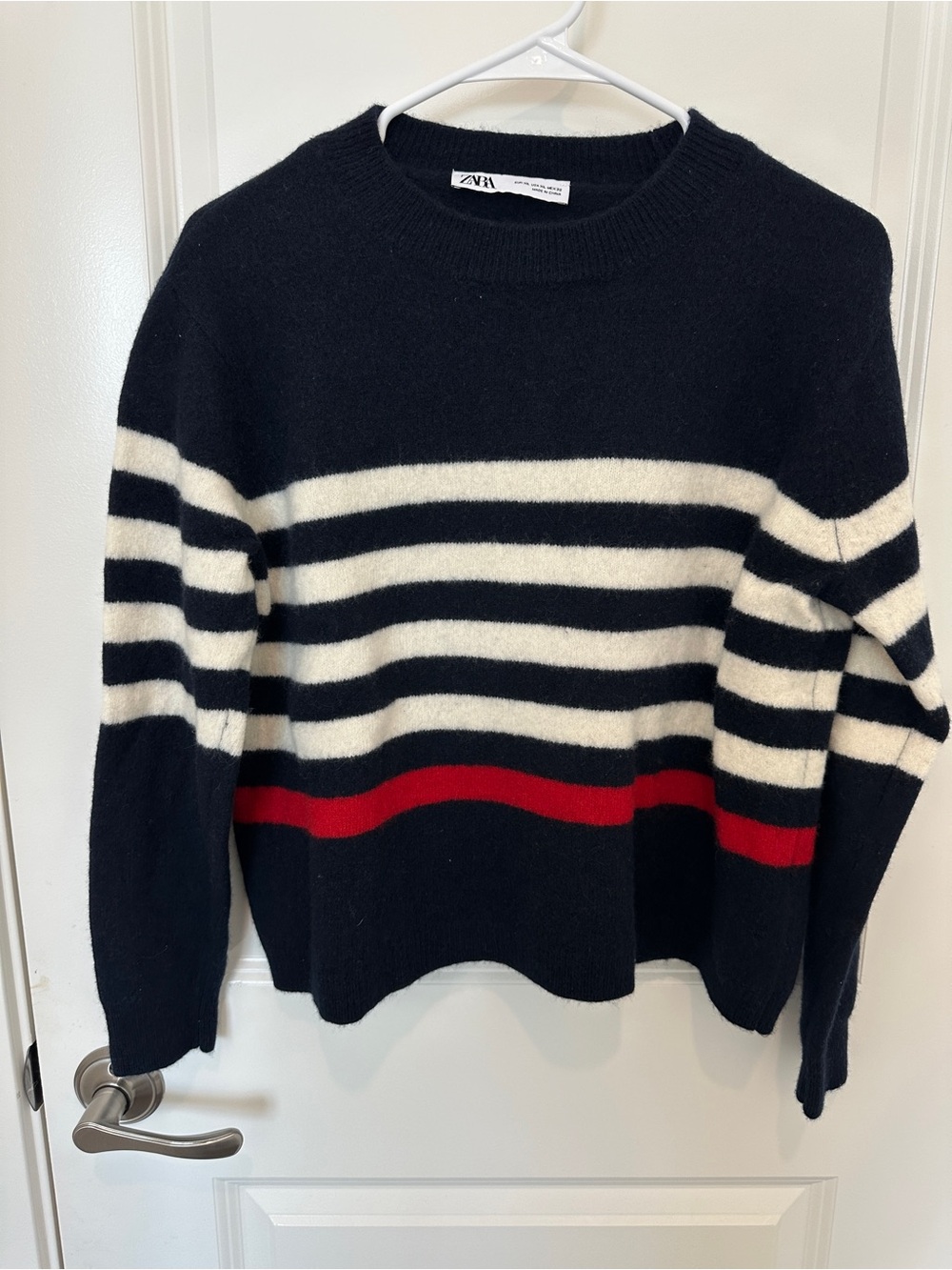 Zara Striped Sweater Navy White Red Fuzzy Knit XL Cropped Crew Neck
